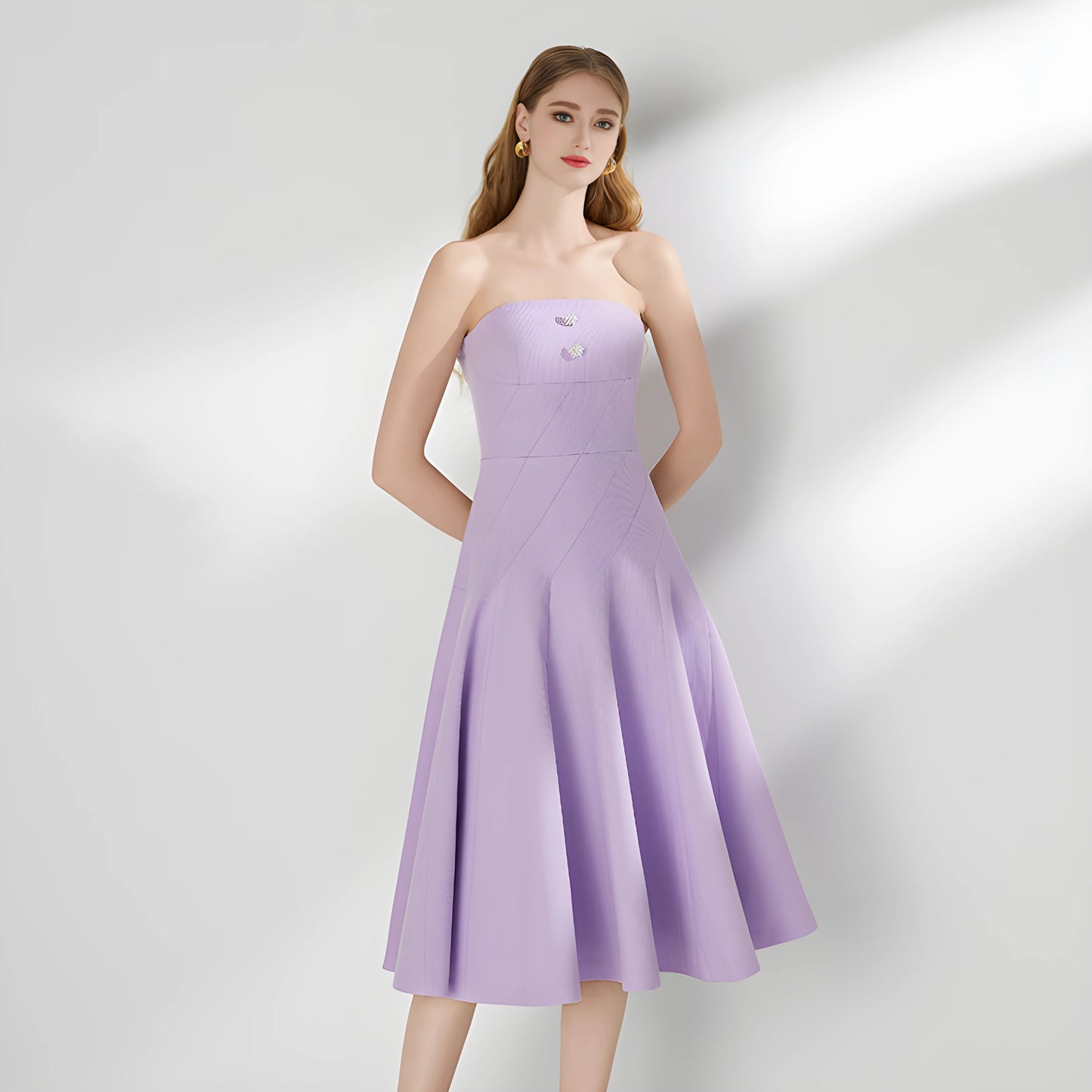 YUREINE Eleganz Trägerloses plissiertes A-Linien-Kleid