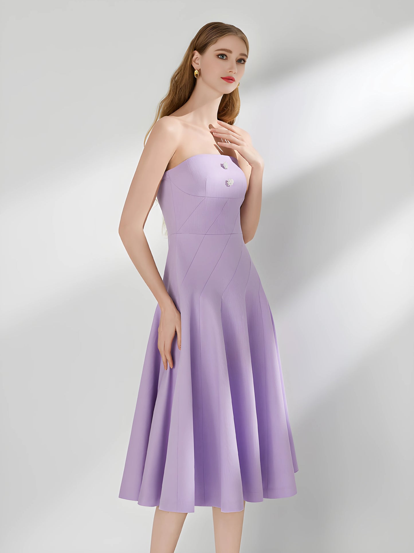 YUREINE Eleganz Trägerloses plissiertes A-Linien-Kleid