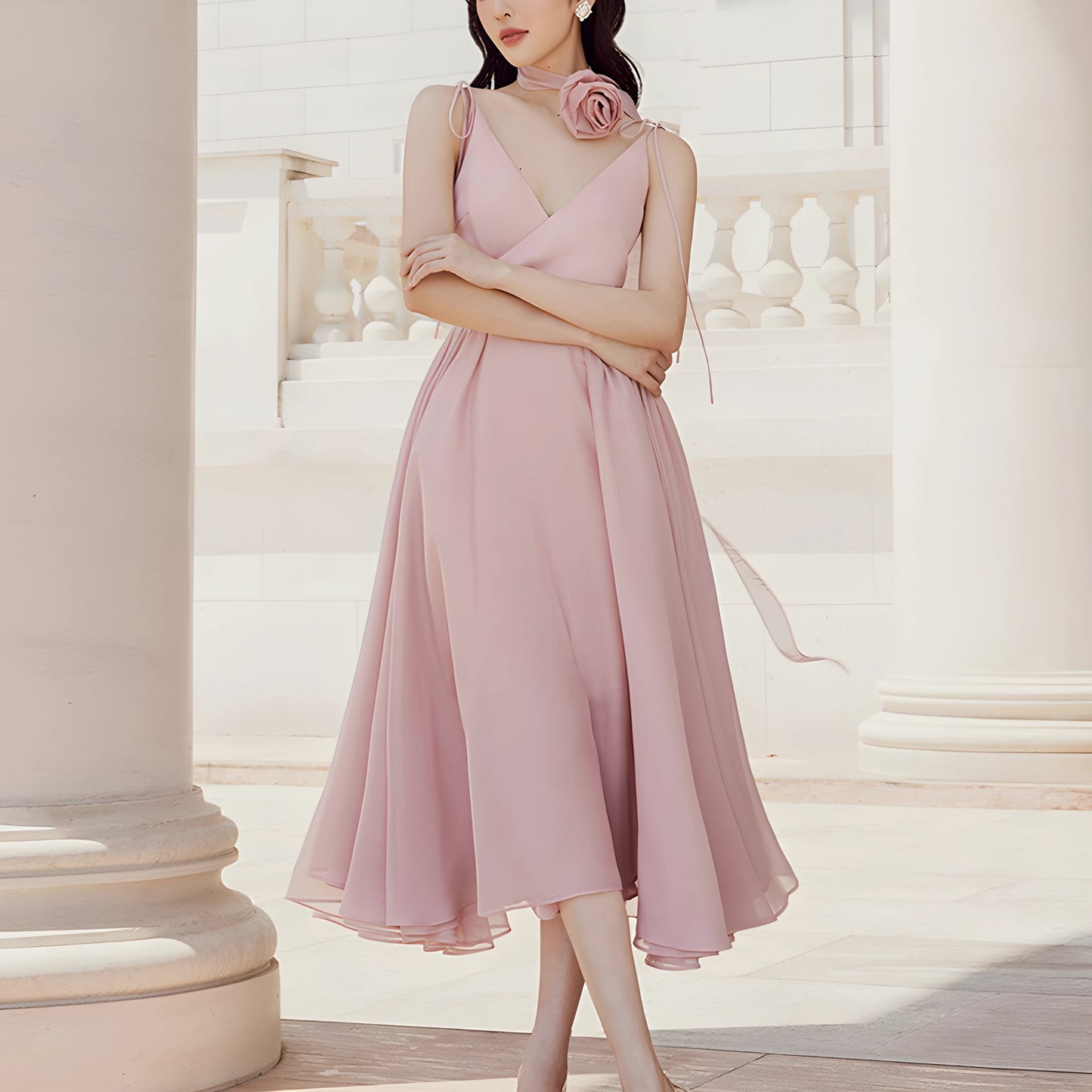 YUREINE Elegance Blush Chiffon Midi Dress with Rose Choker