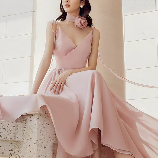 YUREINE Elegance Blush Chiffon Midi Dress with Rose Choker