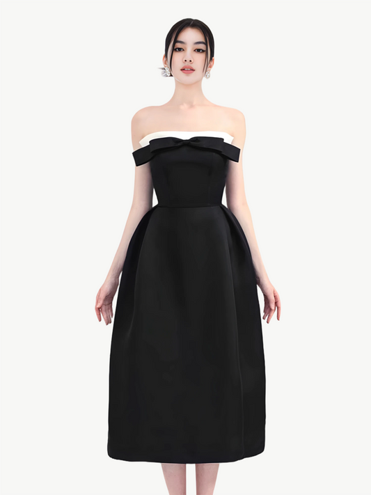 YUREINE Elegance Black and White Strapless Midi Dress with Statement Bow