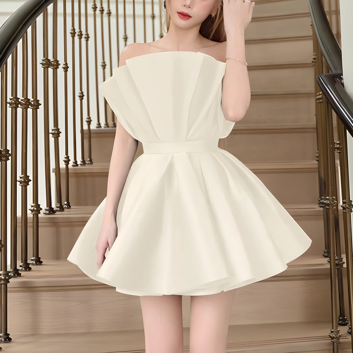 YUREINE Elegance Sculptural Cream Strapless Mini Dress