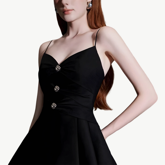 YUREINE Elegance Black Mini Dress with Rhinestone Embellishments