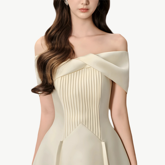 YUREINE Elegance Off-Shoulder Pleated Satin Gown