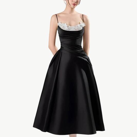 YUREINE Elegance Black Satin Floral Trim Midi Dress