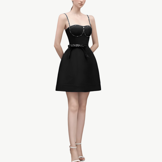 YUREINE Elegance Black Mini Dress with Crystal Embellishments