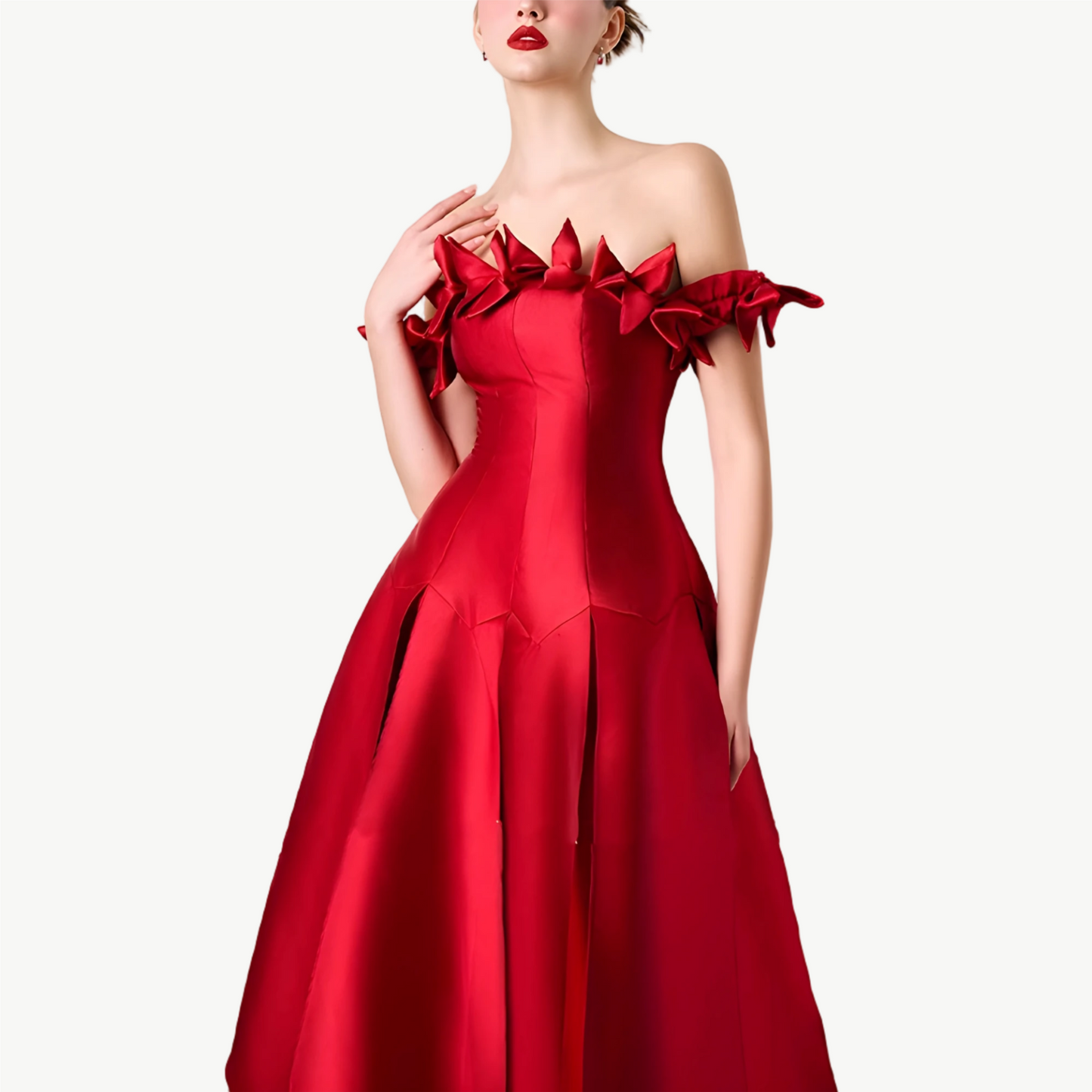 YUREINE Elegance Bold Red Off-Shoulder Midi Dress with Floral Accents
