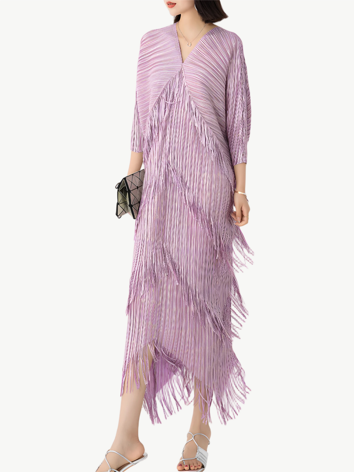 YUREINE Versa Fringe Pleated Midi Dress