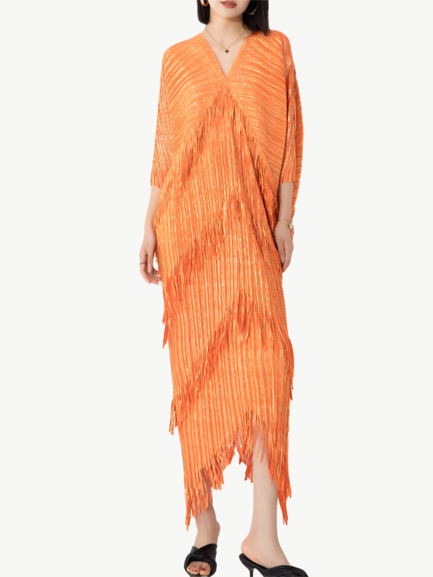 YUREINE Versa Fringe Pleated Midi Dress