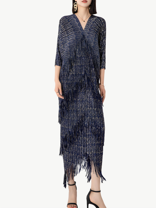 YUREINE Versa Fringe Pleated Midi Dress