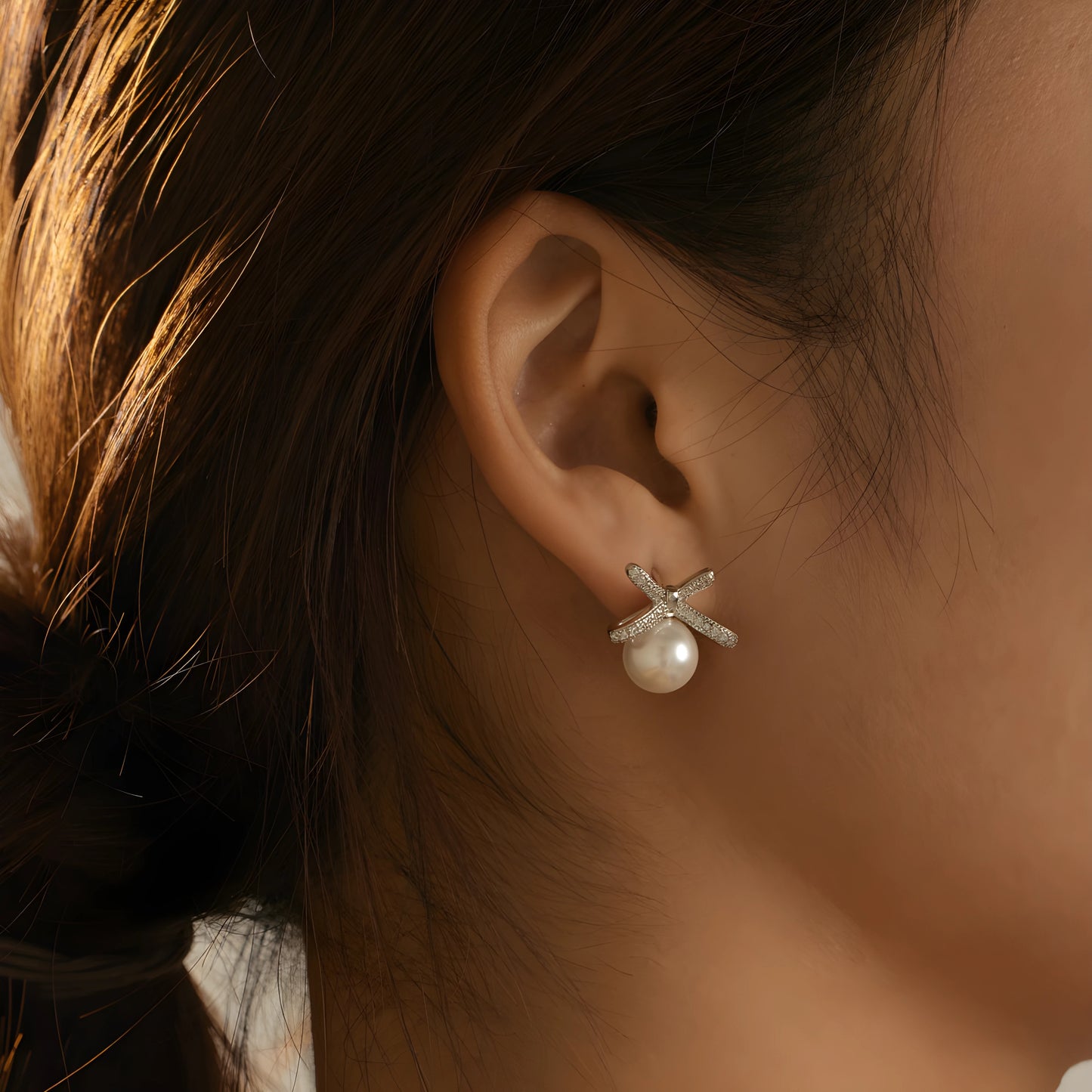 YUREINE Éclat Pearl and Zirconia Bow Drop Earrings