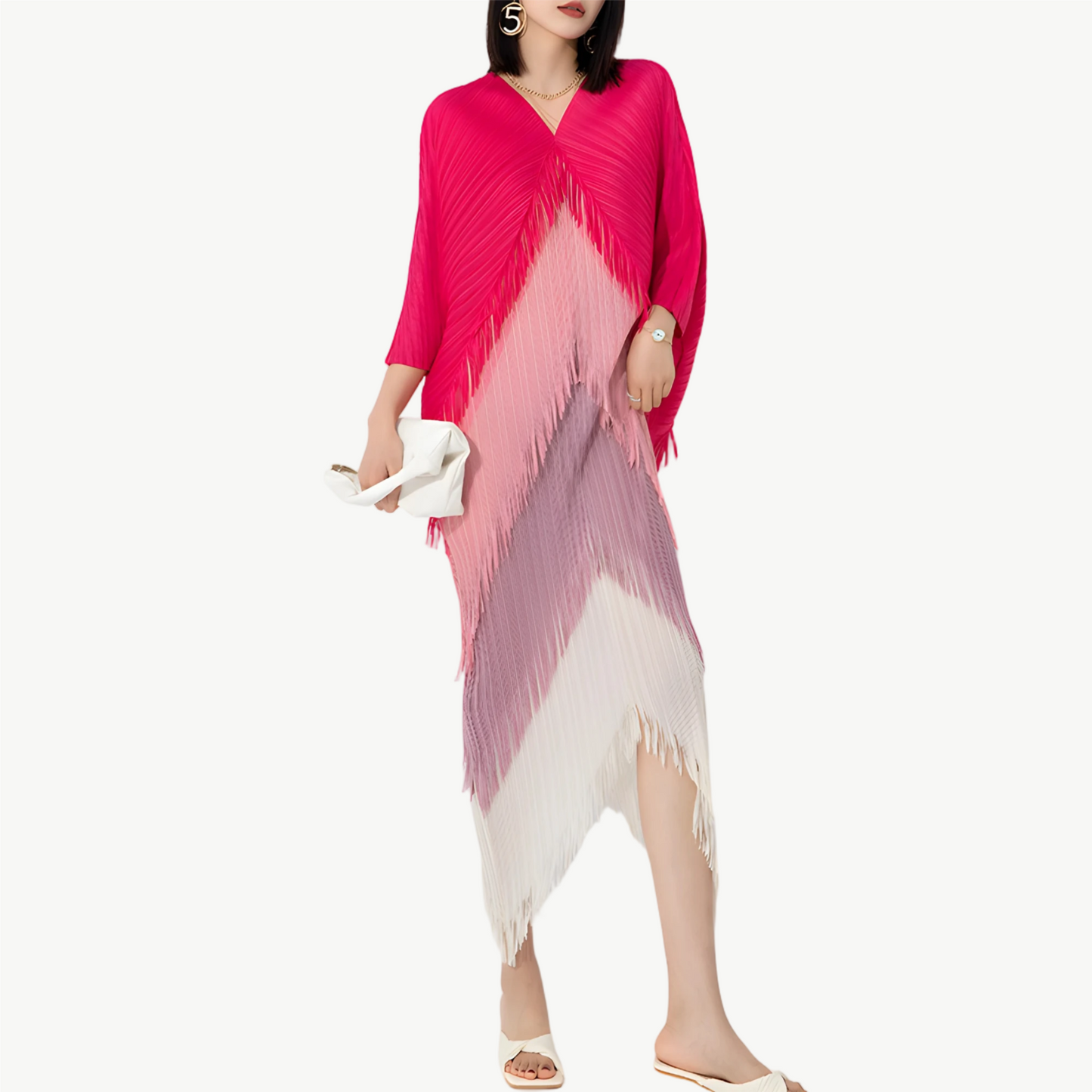 YUREINE Versa Pleated Gradient Fringe Dress