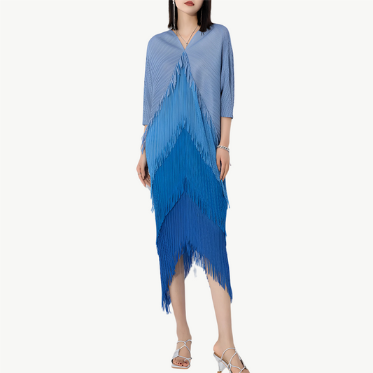 YUREINE Versa Pleated Gradient Fringe Dress