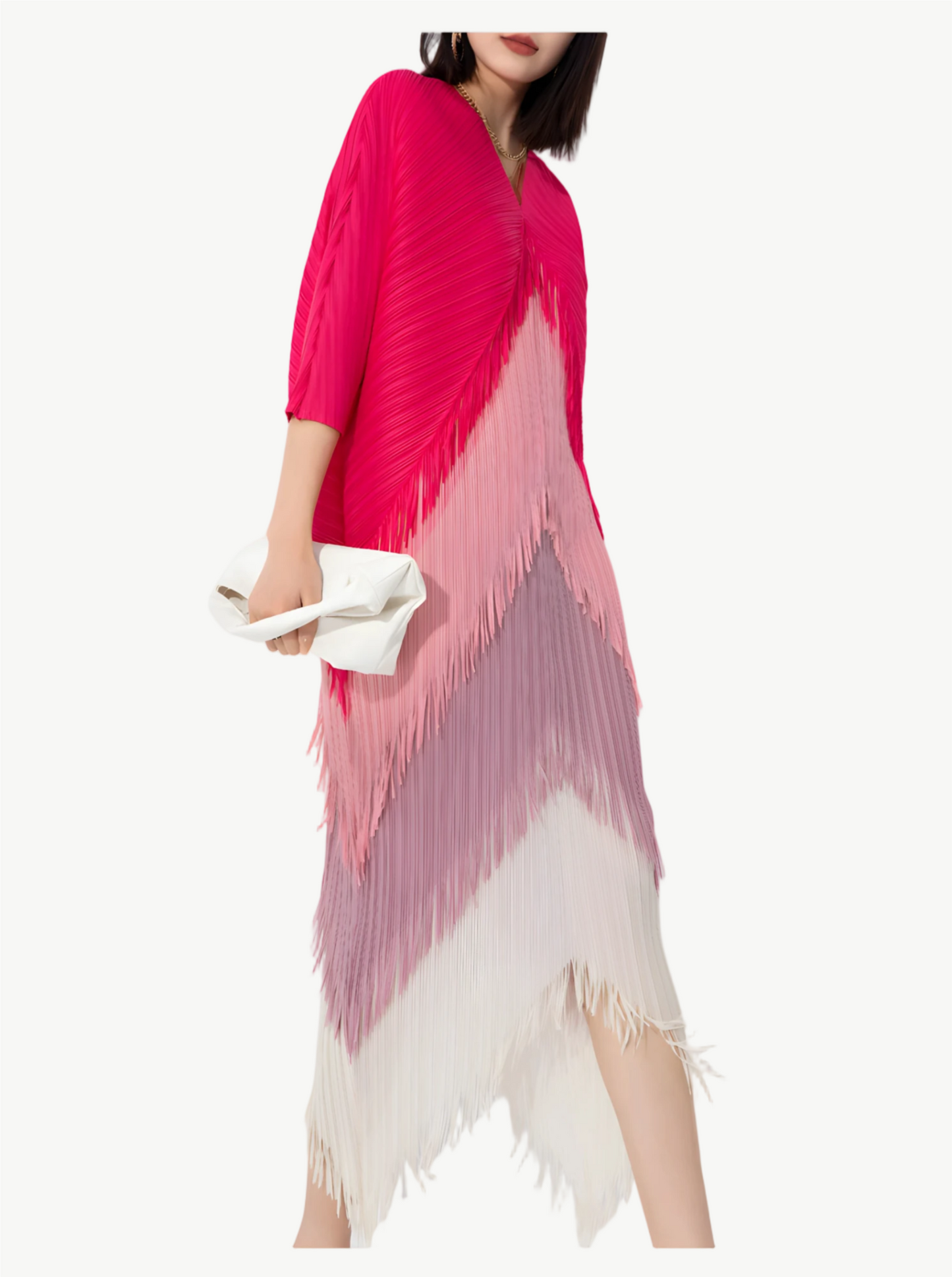 YUREINE Versa Pleated Gradient Fringe Dress