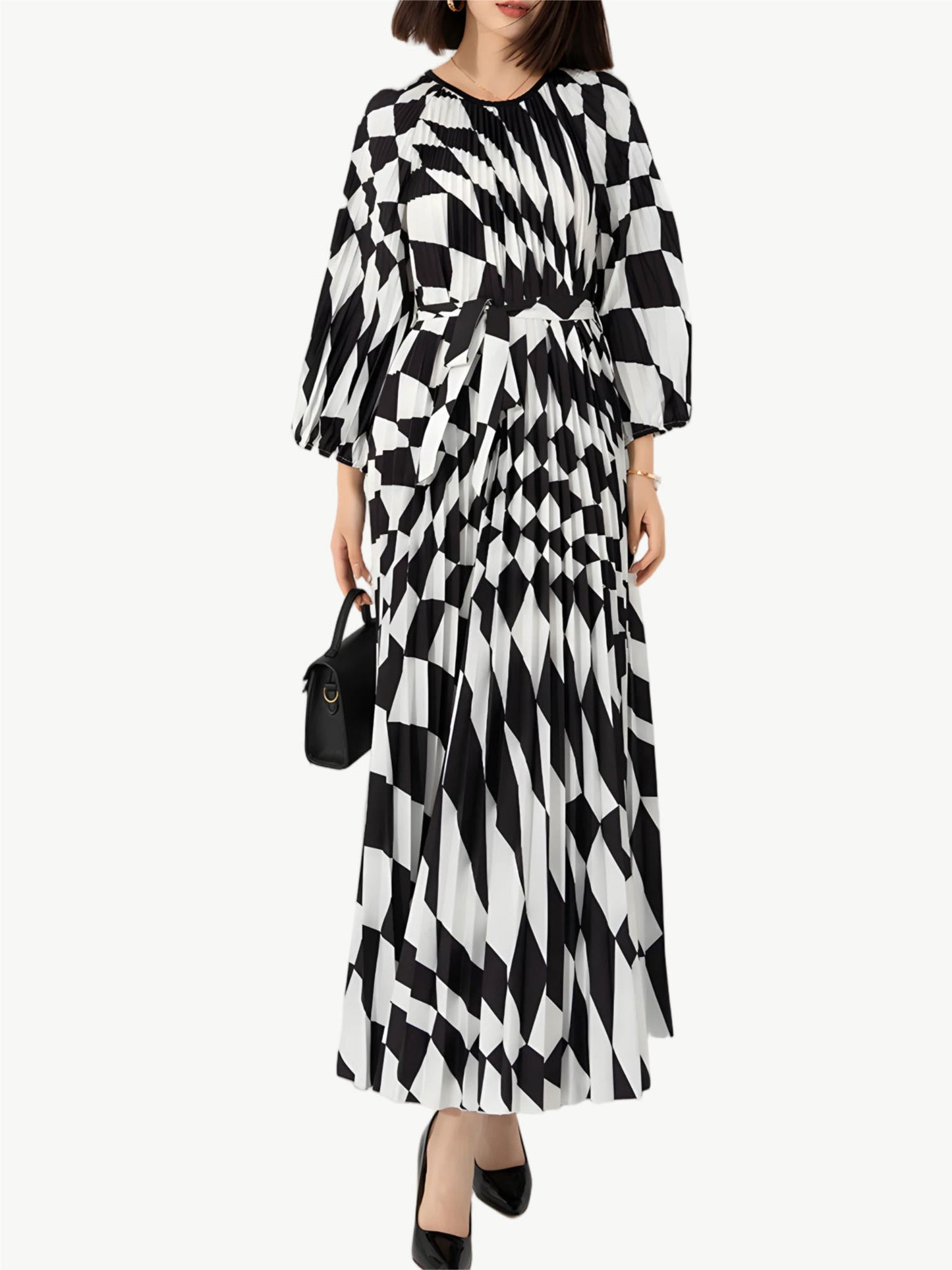 YUREINE Versa Motion Maxi – Geometric Pleated Statement Dress