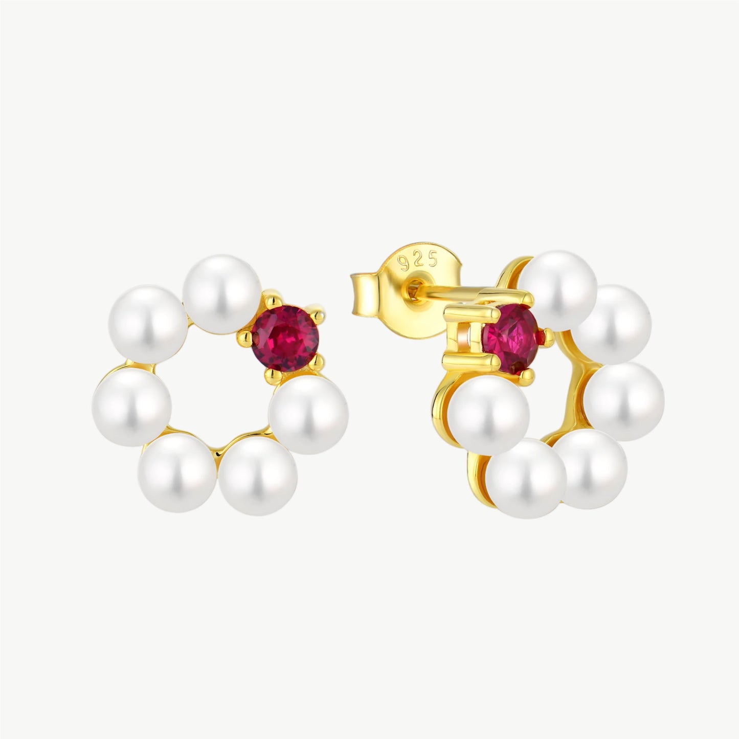 YUREINE Éclat White Shell Pearl and Garnet Floral Stud Earrings