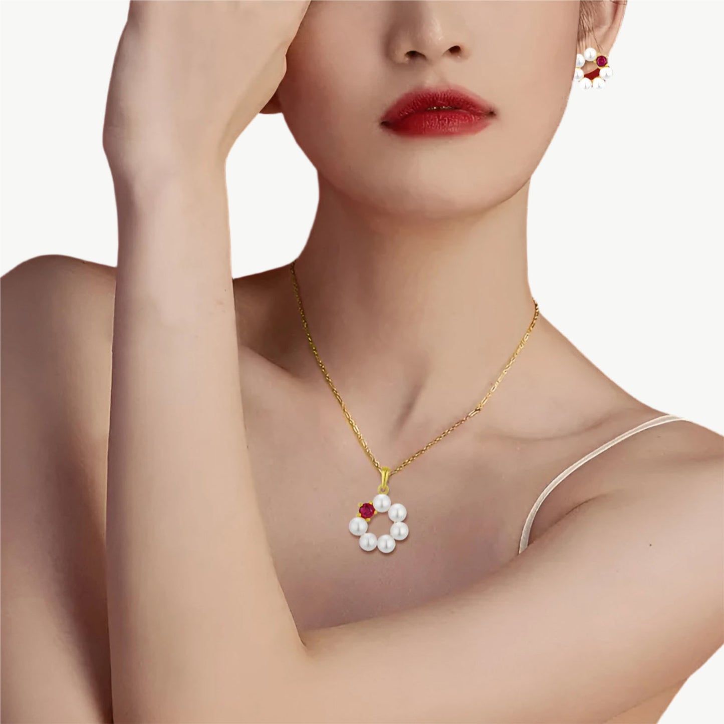 YUREINE Éclat White Shell Pearl and Garnet Floral Stud Earrings