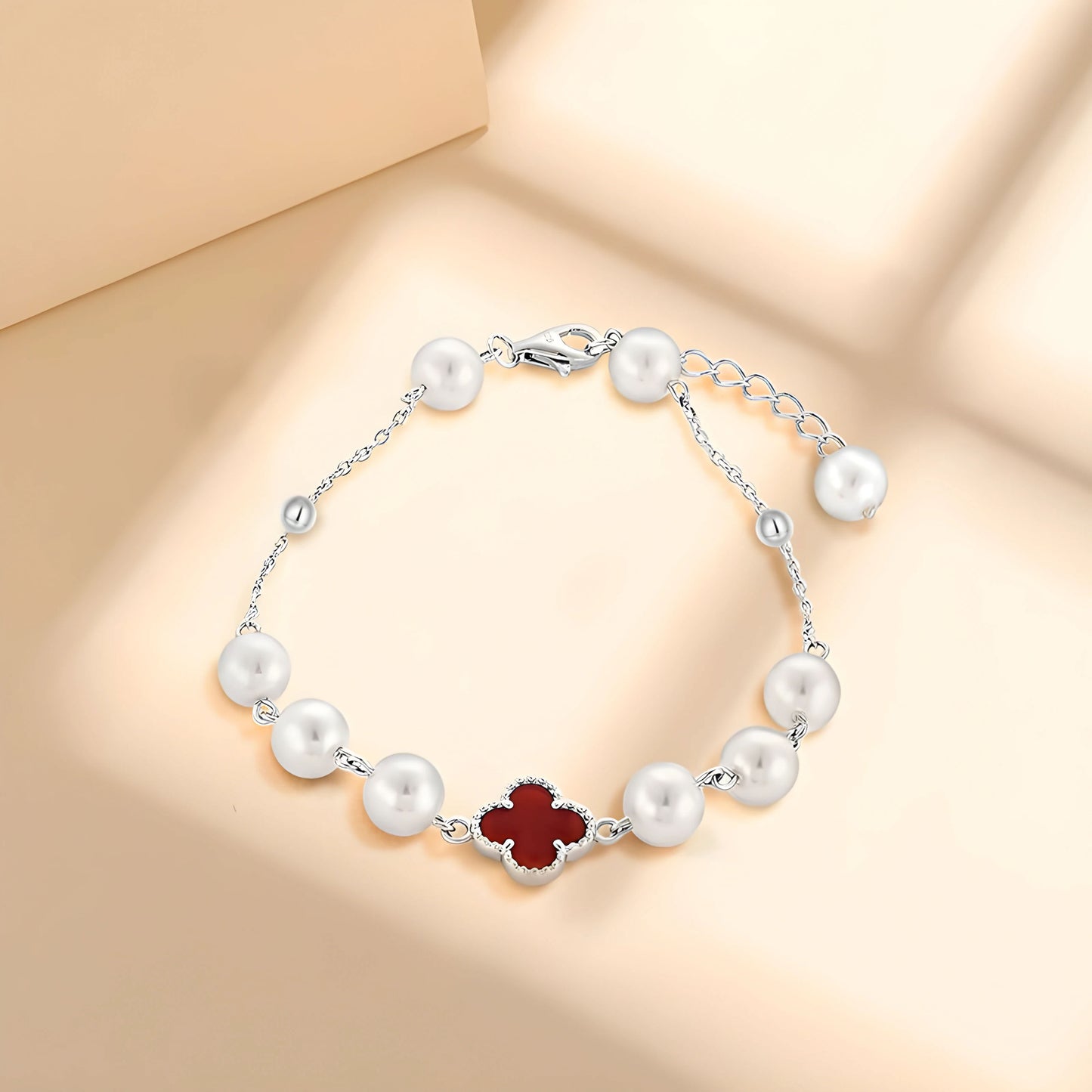 YUREINE Éclat White Shell Pearl and Red Synthetic Stone Bracelet