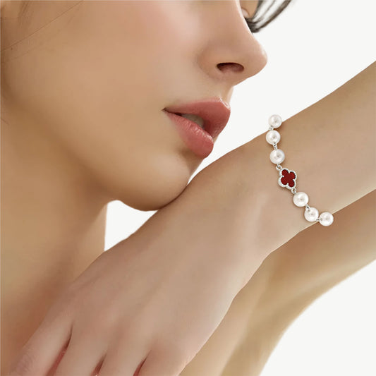 YUREINE Éclat White Shell Pearl and Red Synthetic Stone Bracelet