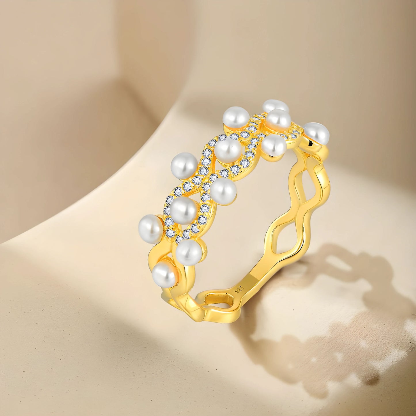 YUREINE Éclat Freshwater Pearl and Cubic Zirconia Woven Ring