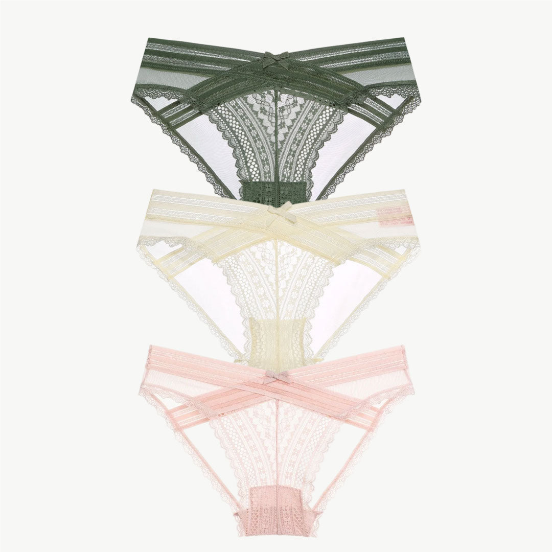 YUREINE Delicate Lace Mesh Panty Trio (Pink-Cream-Green)