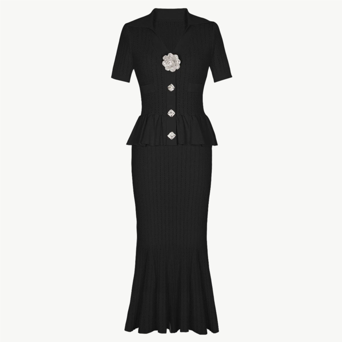 YUREINE Maillé Black Knit Peplum Dress