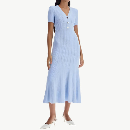 YUREINE Maillé Flared Knit Midi Dress in Light Blue