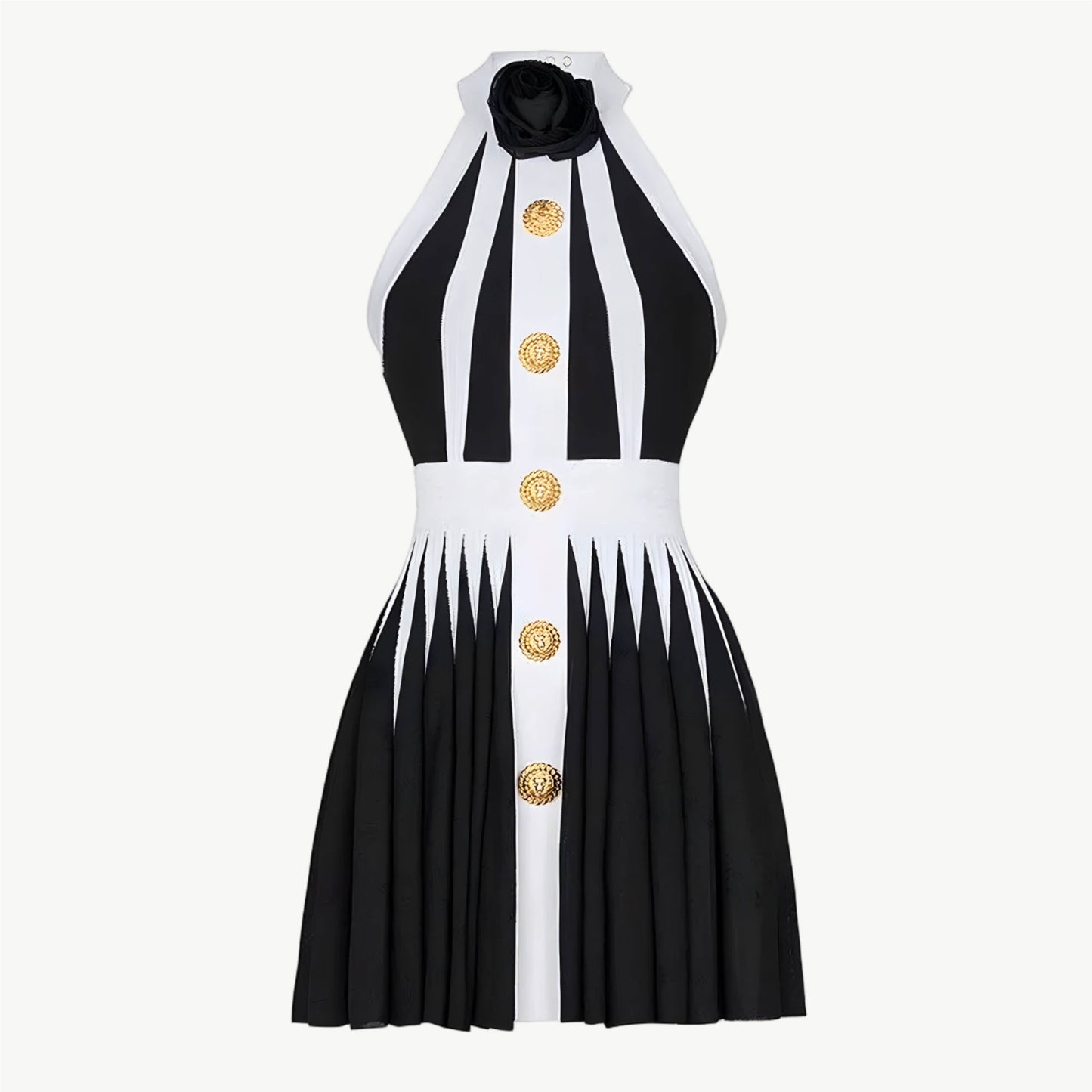 YUREINE Maillé Halter Pleated Mini Dress in Black & White
