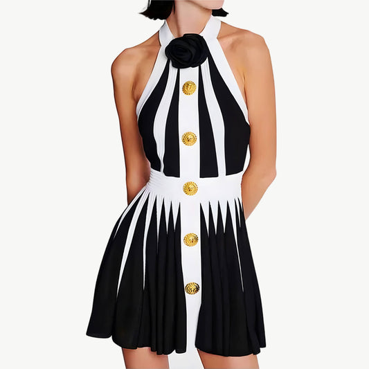 YUREINE Maillé Halter Pleated Mini Dress in Black & White