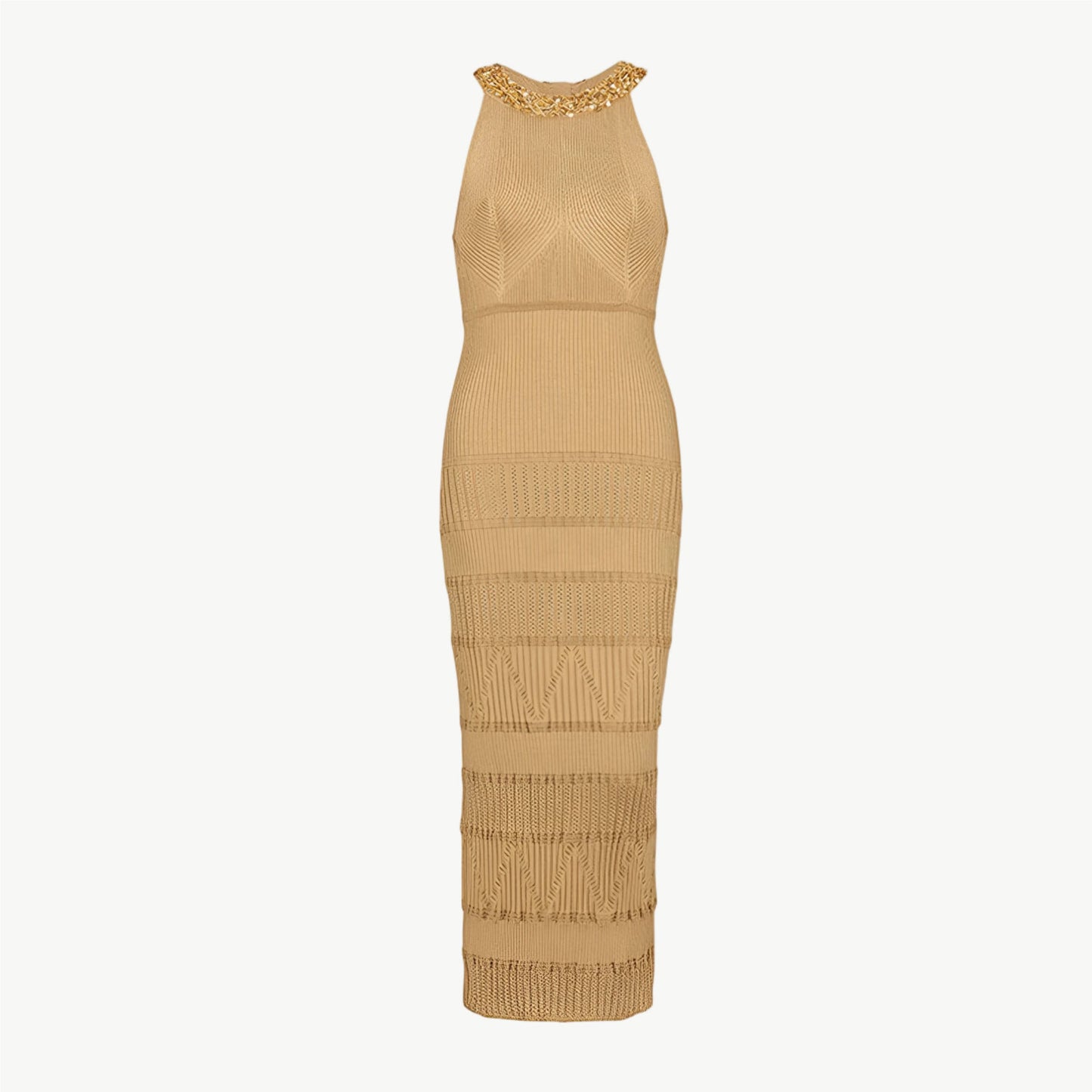 YUREINE Maillé Textured Halter Midi Dress in Beige