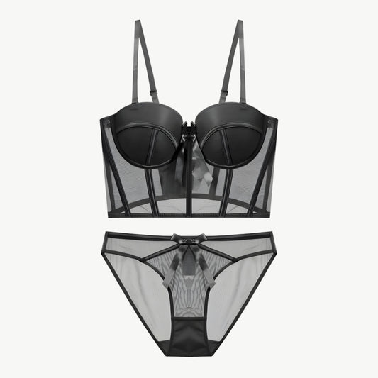 YUREINE Structured Mesh Corset Lingerie Set