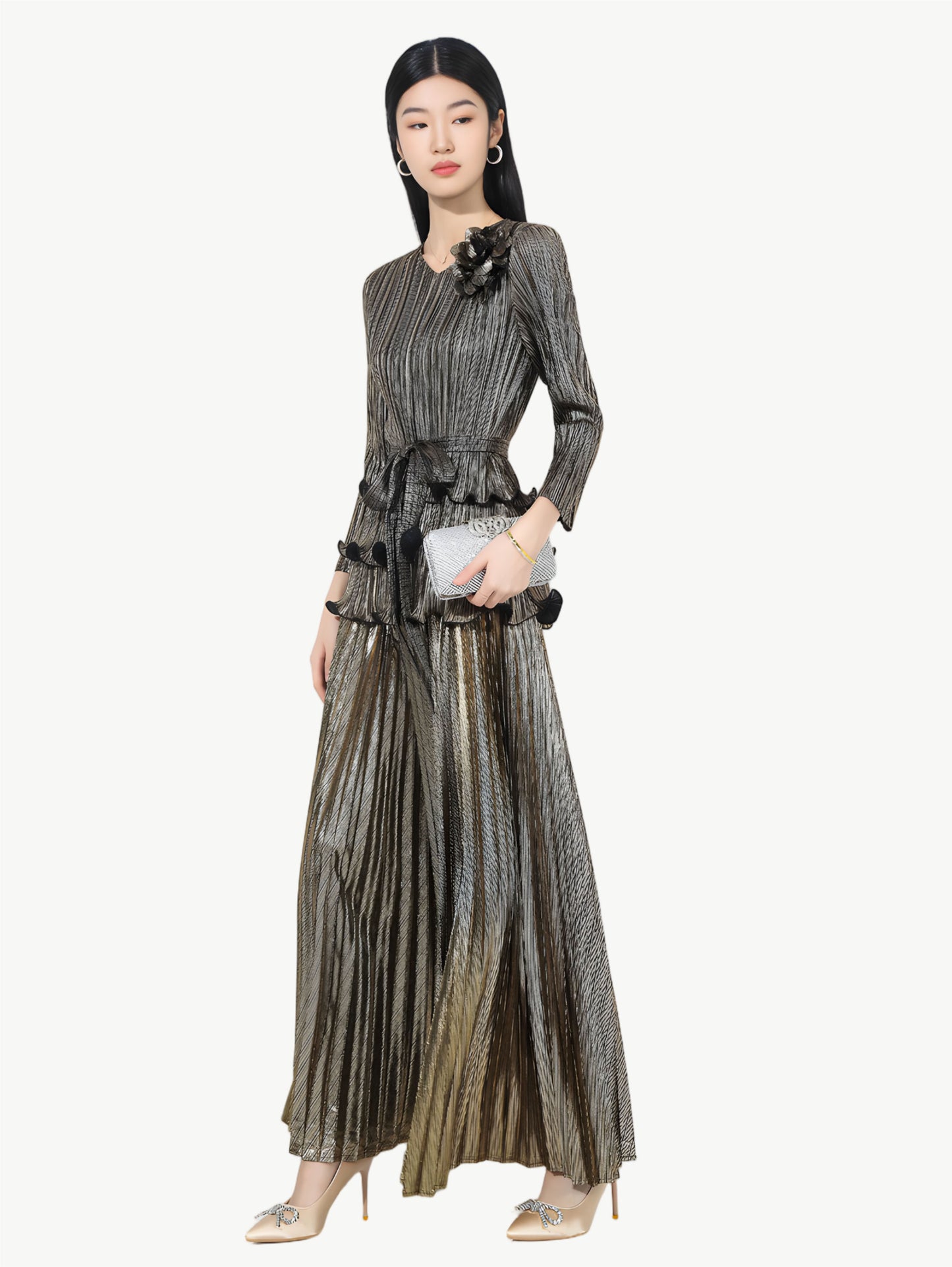 YUREINE Versa Metallic Pleated Two-Piece Set