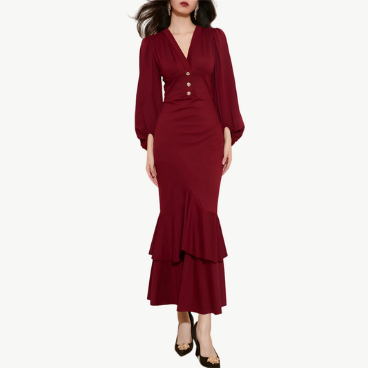YUREINE Eleganz Rotes Meerjungfrauen-V-Ausschnitt-Abendkleid mit Stufenrock
