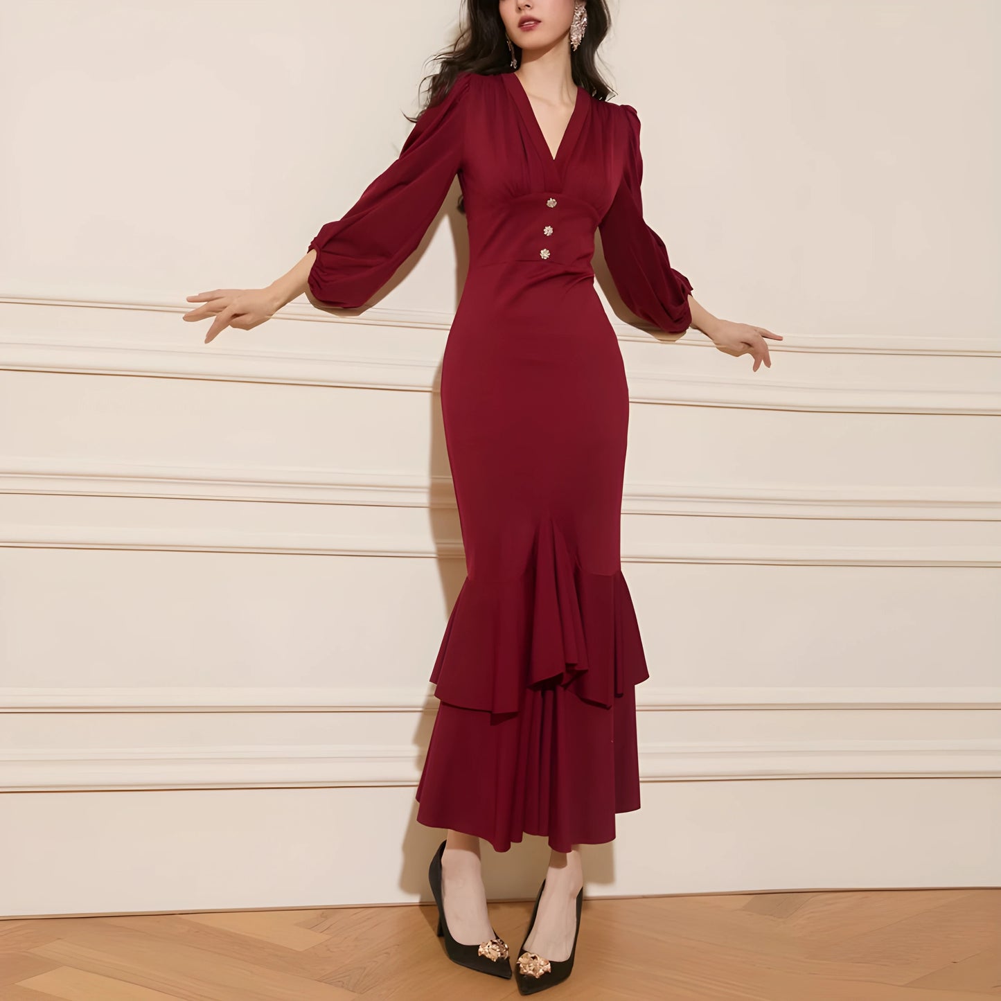 YUREINE Eleganz Rotes Meerjungfrauen-V-Ausschnitt-Abendkleid mit Stufenrock