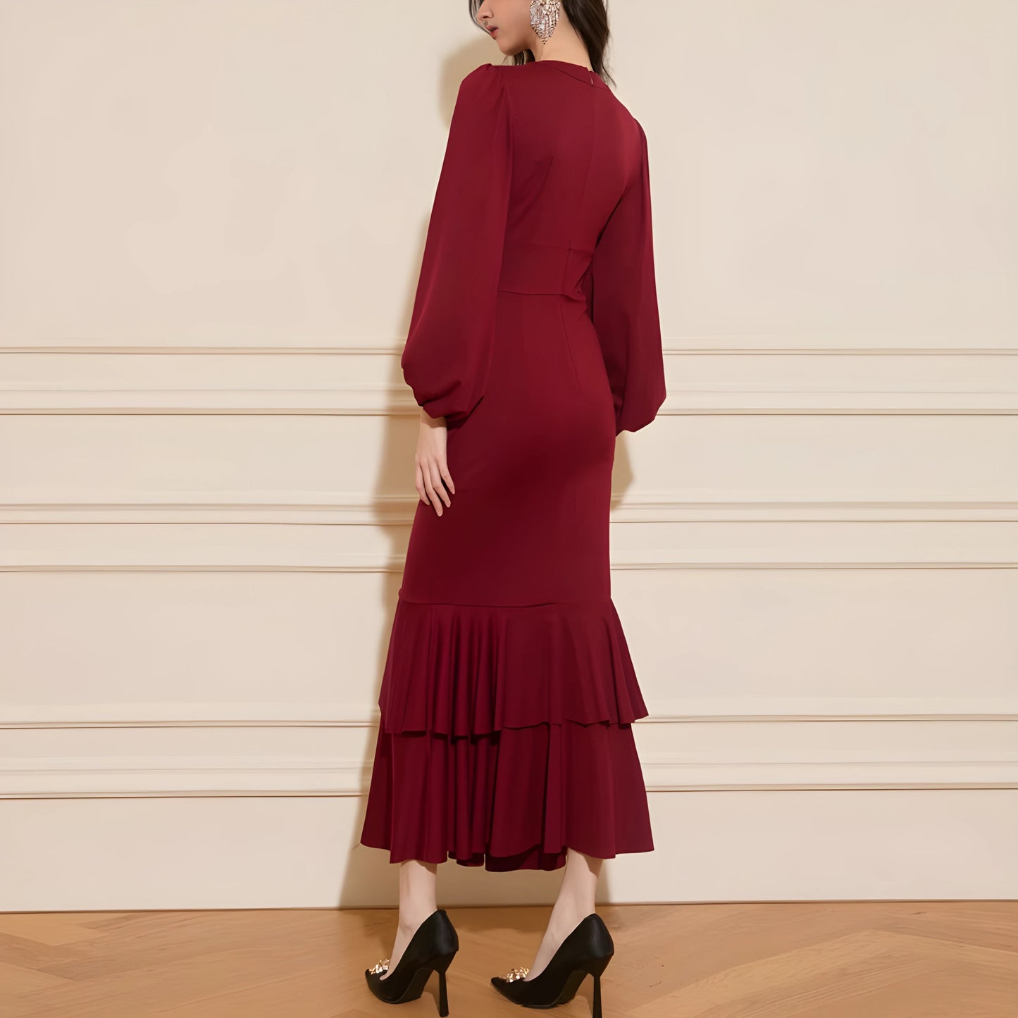 YUREINE Eleganz Rotes Meerjungfrauen-V-Ausschnitt-Abendkleid mit Stufenrock