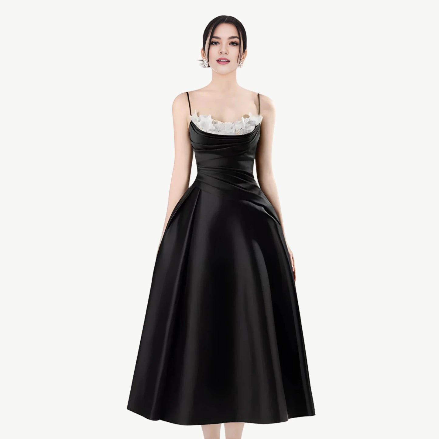 YUREINE Eleganz Schwarzes Satin-Midikleid mit Floralen Akzenten