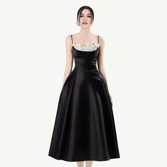 YUREINE Eleganz Schwarzes Satin-Midikleid mit Floralen Akzenten