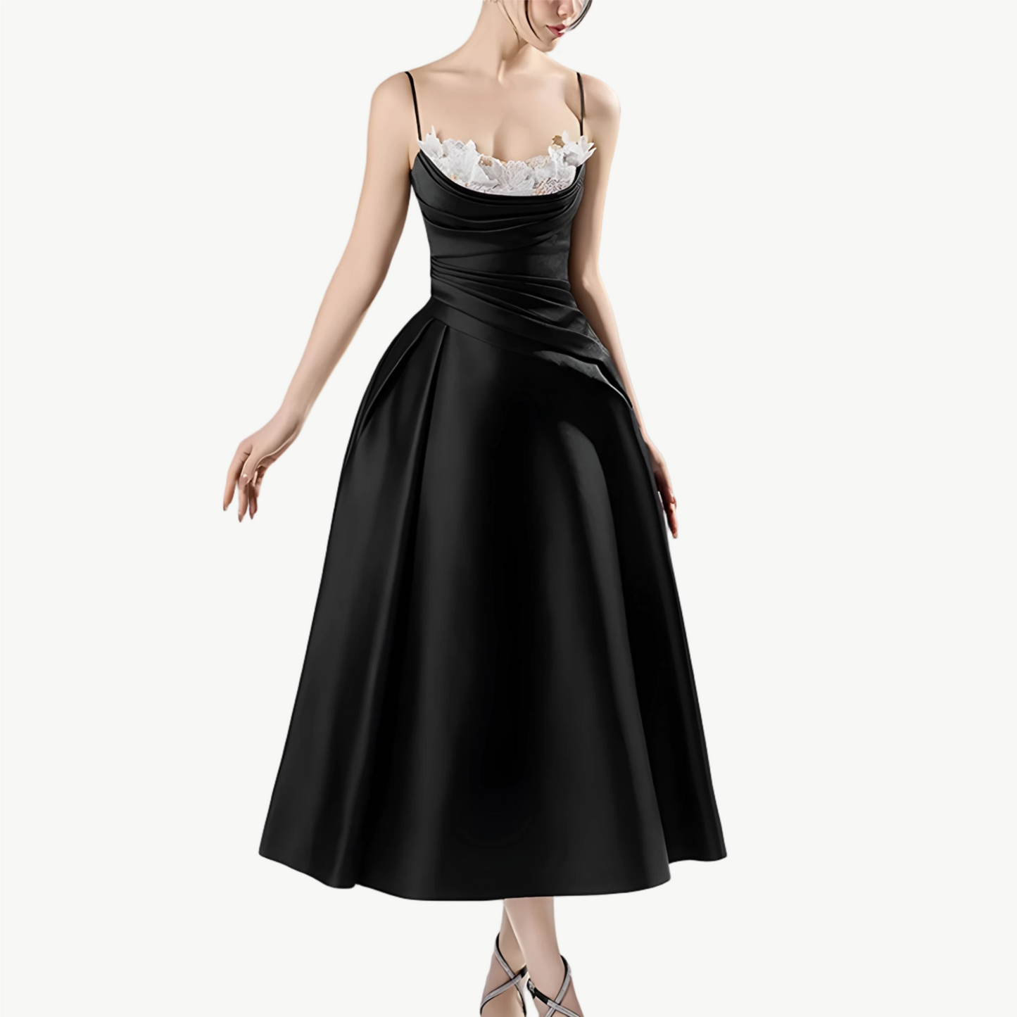 YUREINE Eleganz Schwarzes Satin-Midikleid mit Floralen Akzenten