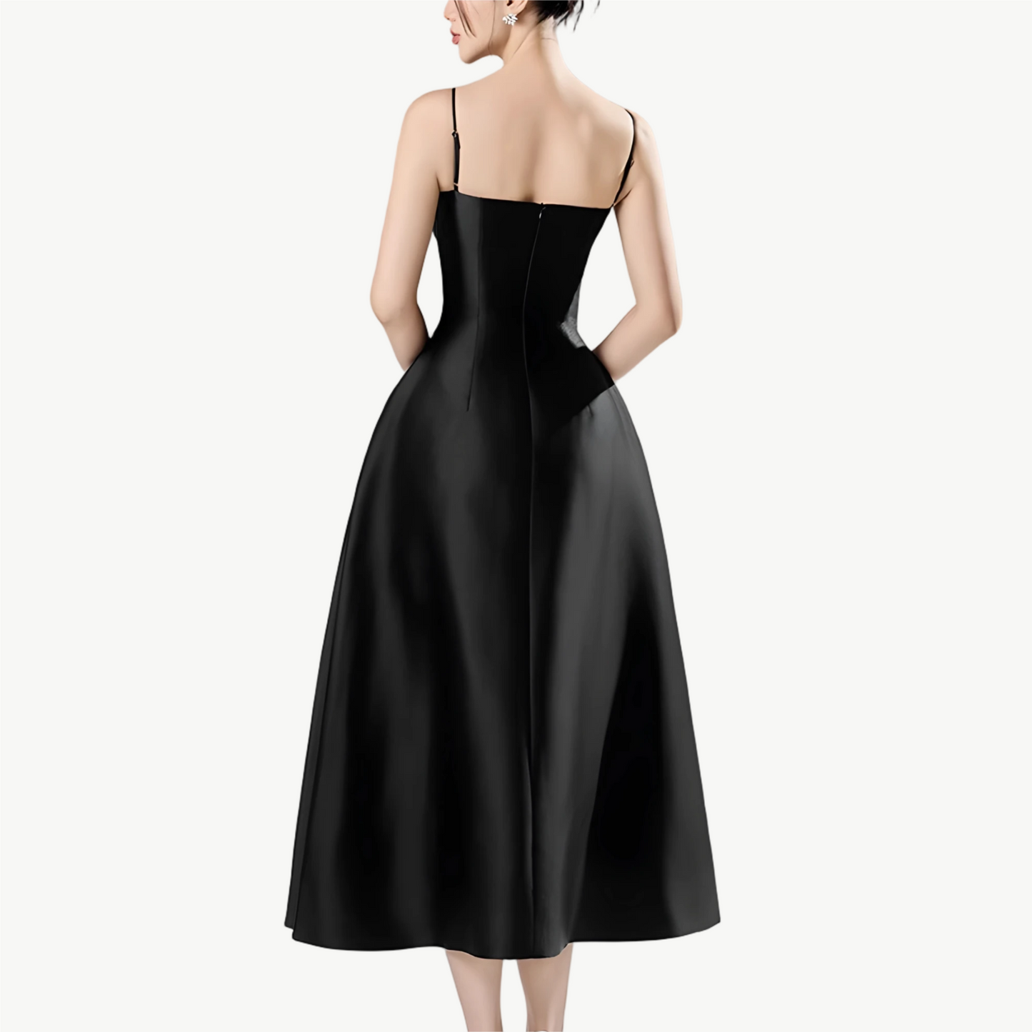 YUREINE Eleganz Schwarzes Satin-Midikleid mit Floralen Akzenten