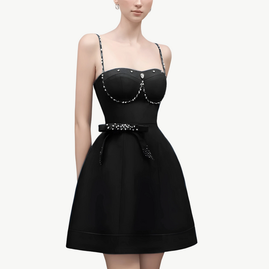 YUREINE Eleganz Glamouröses Schwarzes Minikleid mit Kristallverzierungen