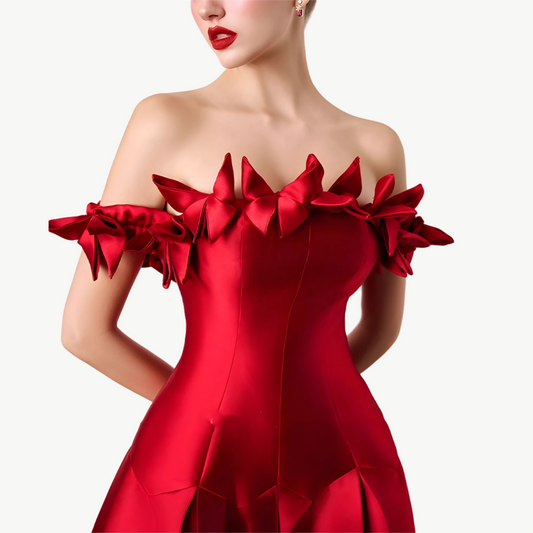 YUREINE Elegance Bold Red Off-Shoulder Midi Dress with Floral Accents