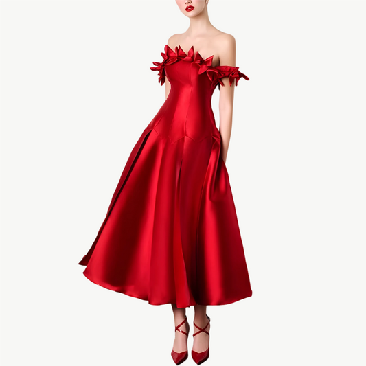 YUREINE Elegance Bold Red Off-Shoulder Midi Dress with Floral Accents