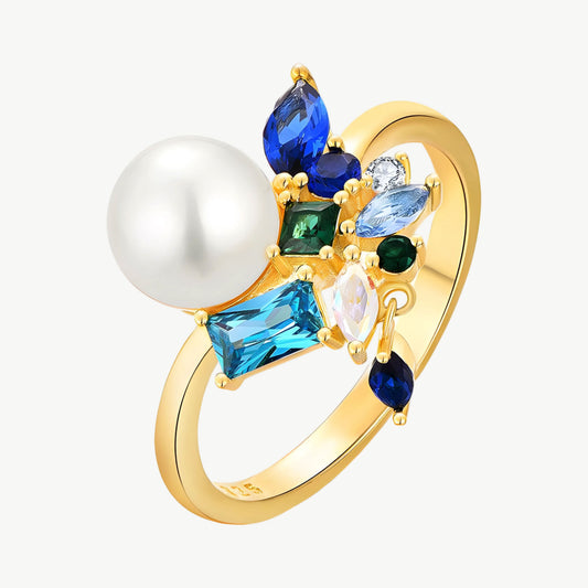 YUREINE Éclat Leuchtender Süßwasserperlen- und Multicolor-Zirkonia-Ring