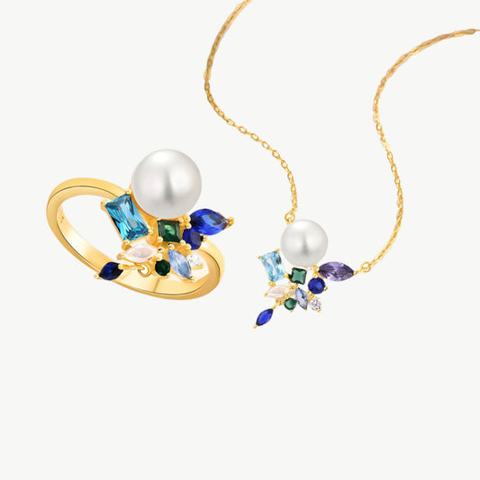 YUREINE Éclat Leuchtender Süßwasserperlen- und Multicolor-Zirkonia-Ring