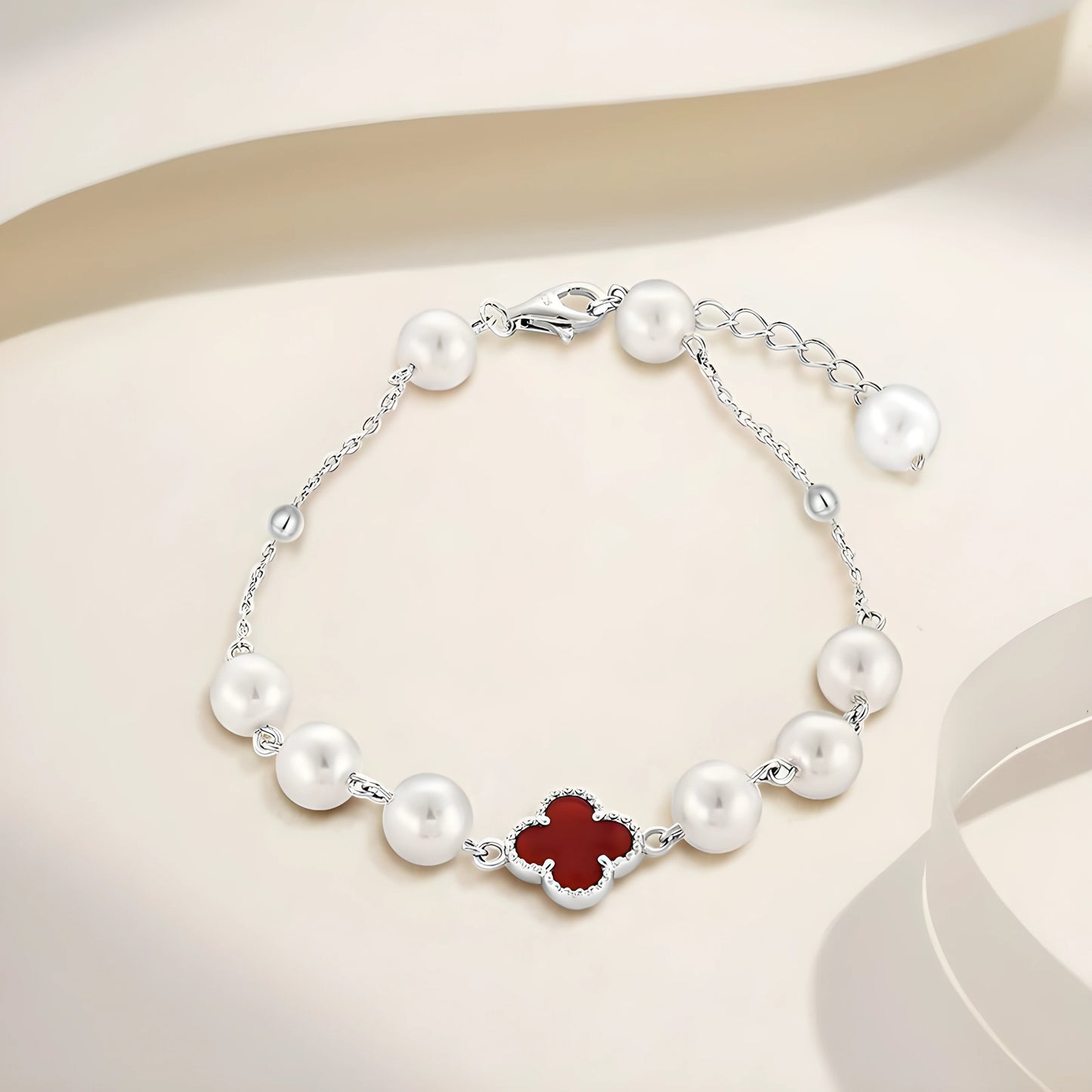 YUREINE Éclat White Shell Pearl and Red Synthetic Stone Bracelet