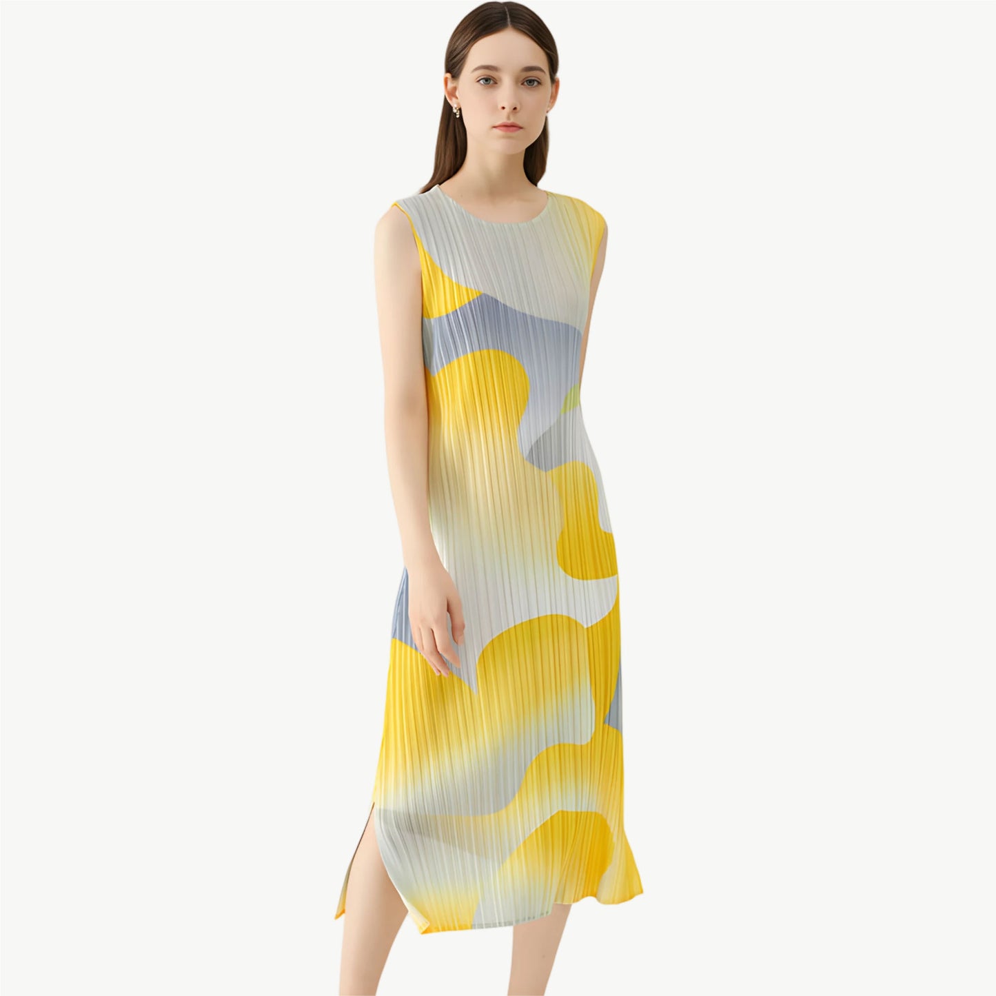 YUREINE Versa Abstraktes Pleated Midi-Kleid