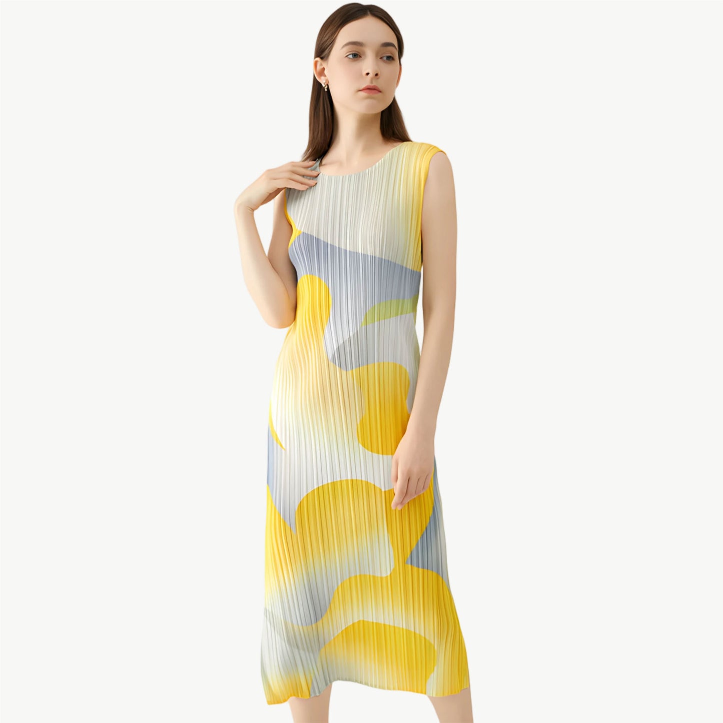 YUREINE Versa Abstraktes Pleated Midi-Kleid