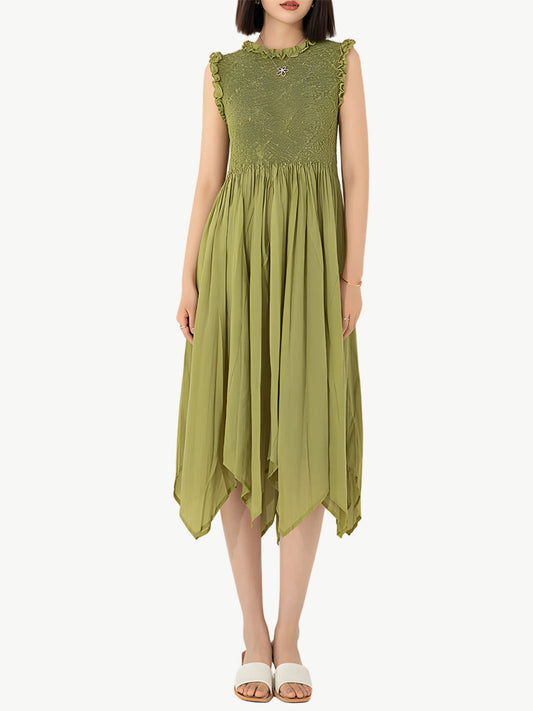 YUREINE Versa Olivfarbenes Gekrepptes Midi-Kleid