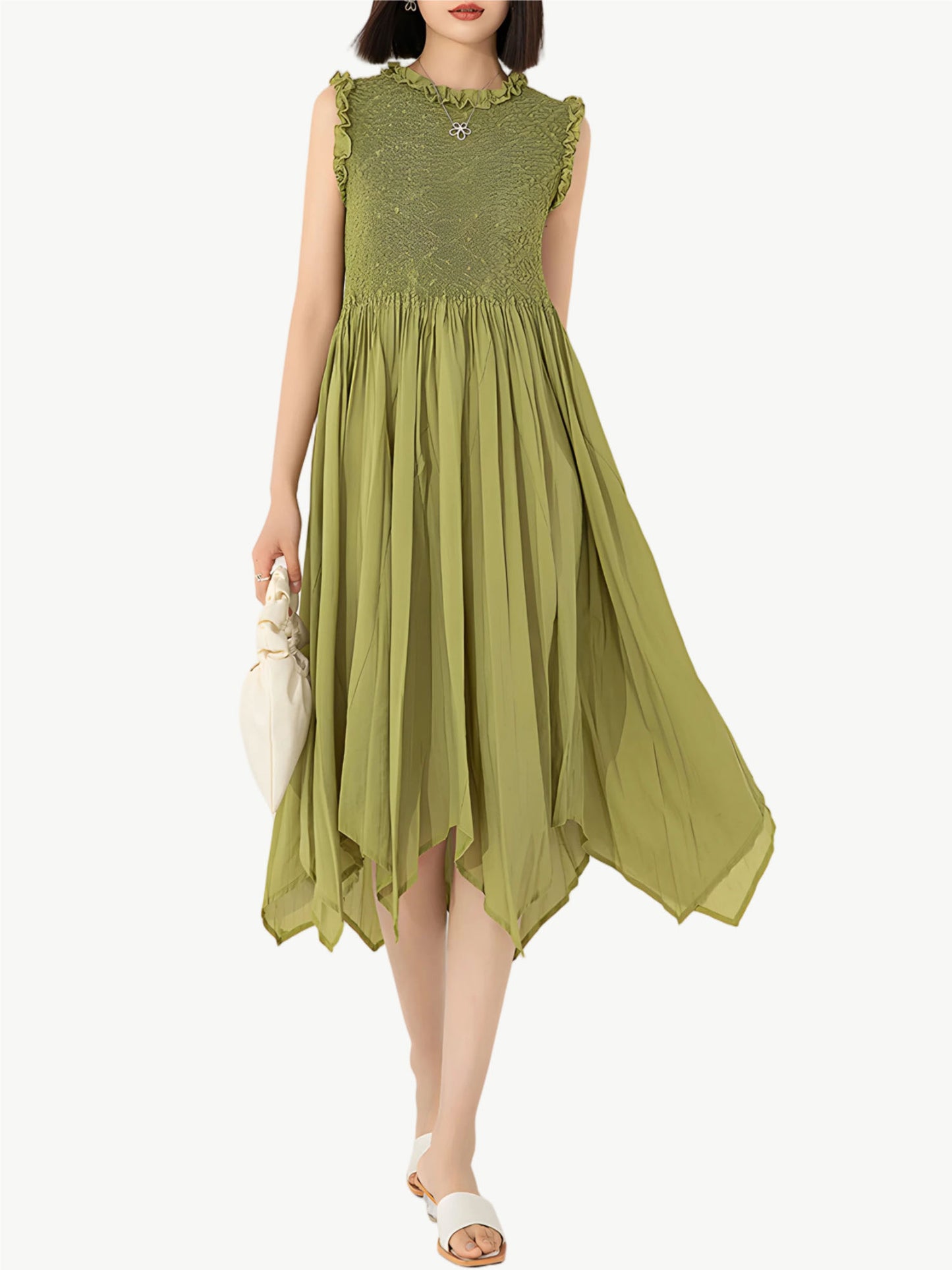 YUREINE Versa Olivfarbenes Gekrepptes Midi-Kleid