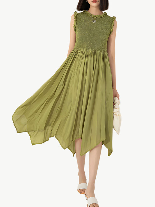 YUREINE Versa Olivfarbenes Gekrepptes Midi-Kleid